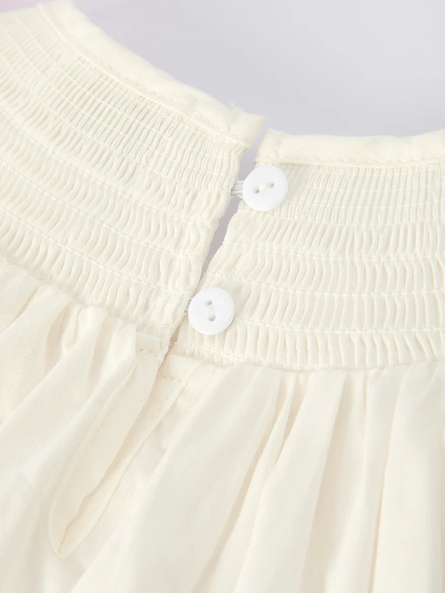 White Girls Dress with Pink Bow Embroidery