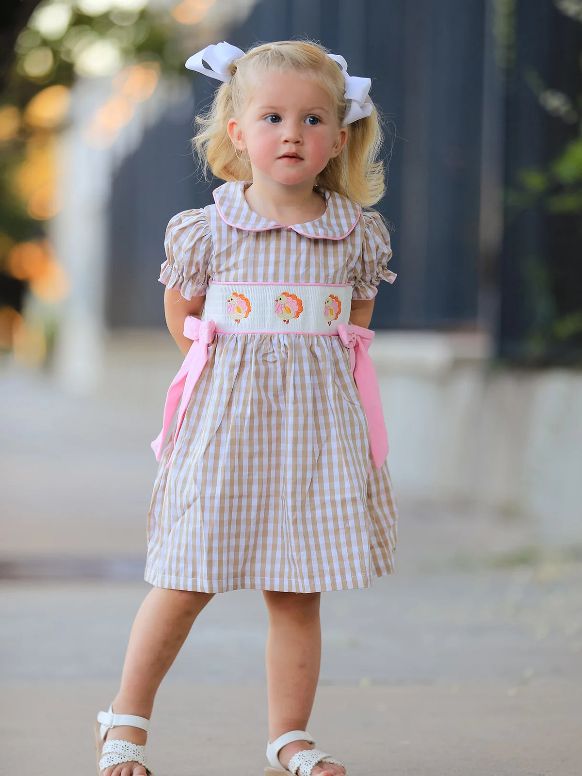 Thanksgiving Lapel Plaid Turkey Embroidery Smocking Bow Baby Girls Dress