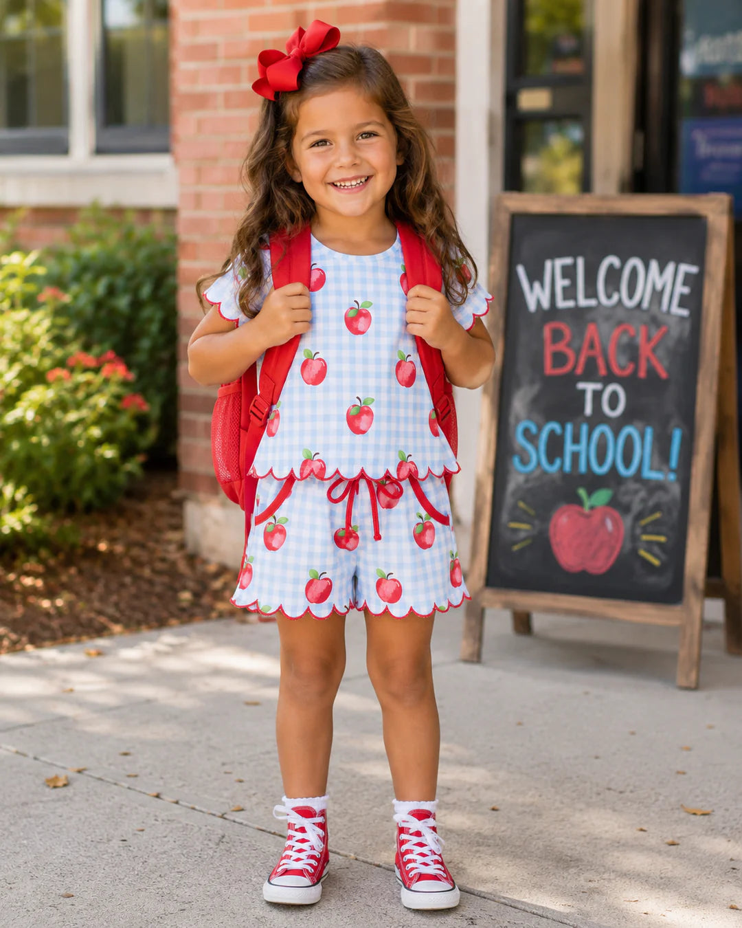 Back To School Apple Plaid Girls Scallop Trim Shorts Set - PREORDER