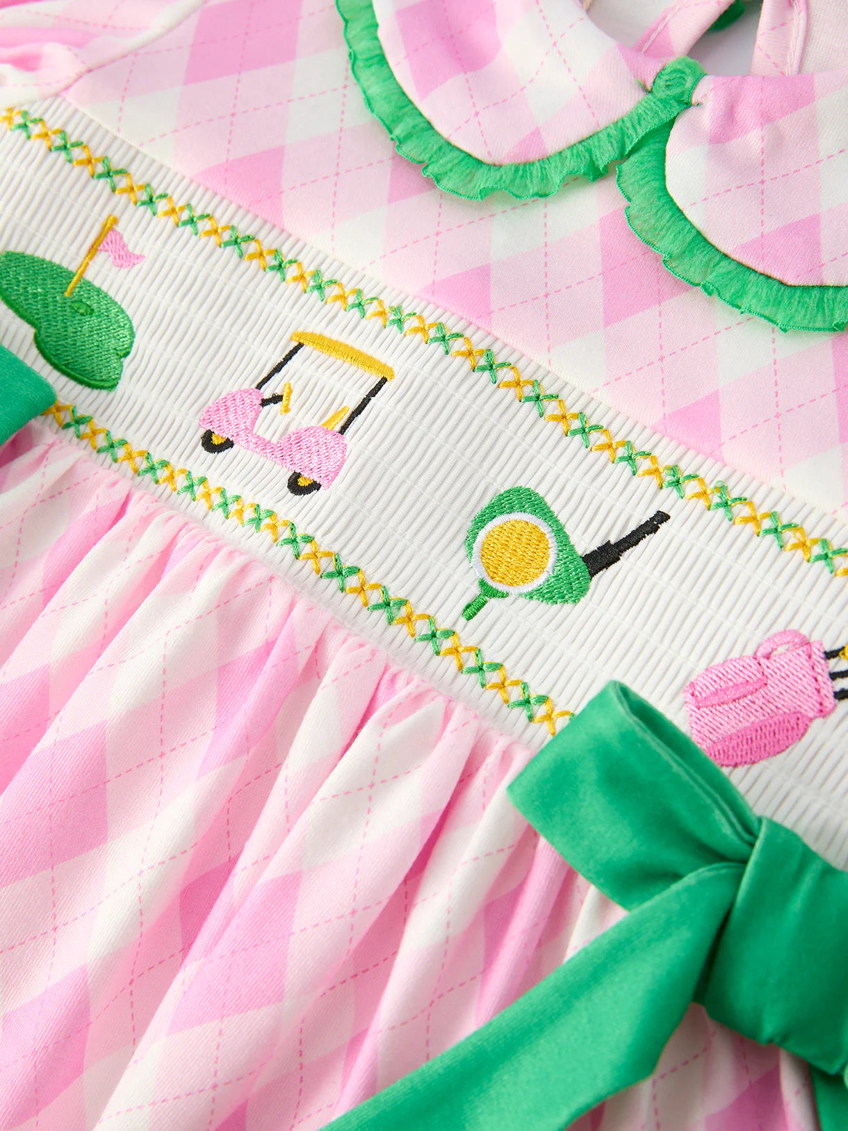 Spring Golf Embroidered Baby Girls Smocked Bow Bloomer Set