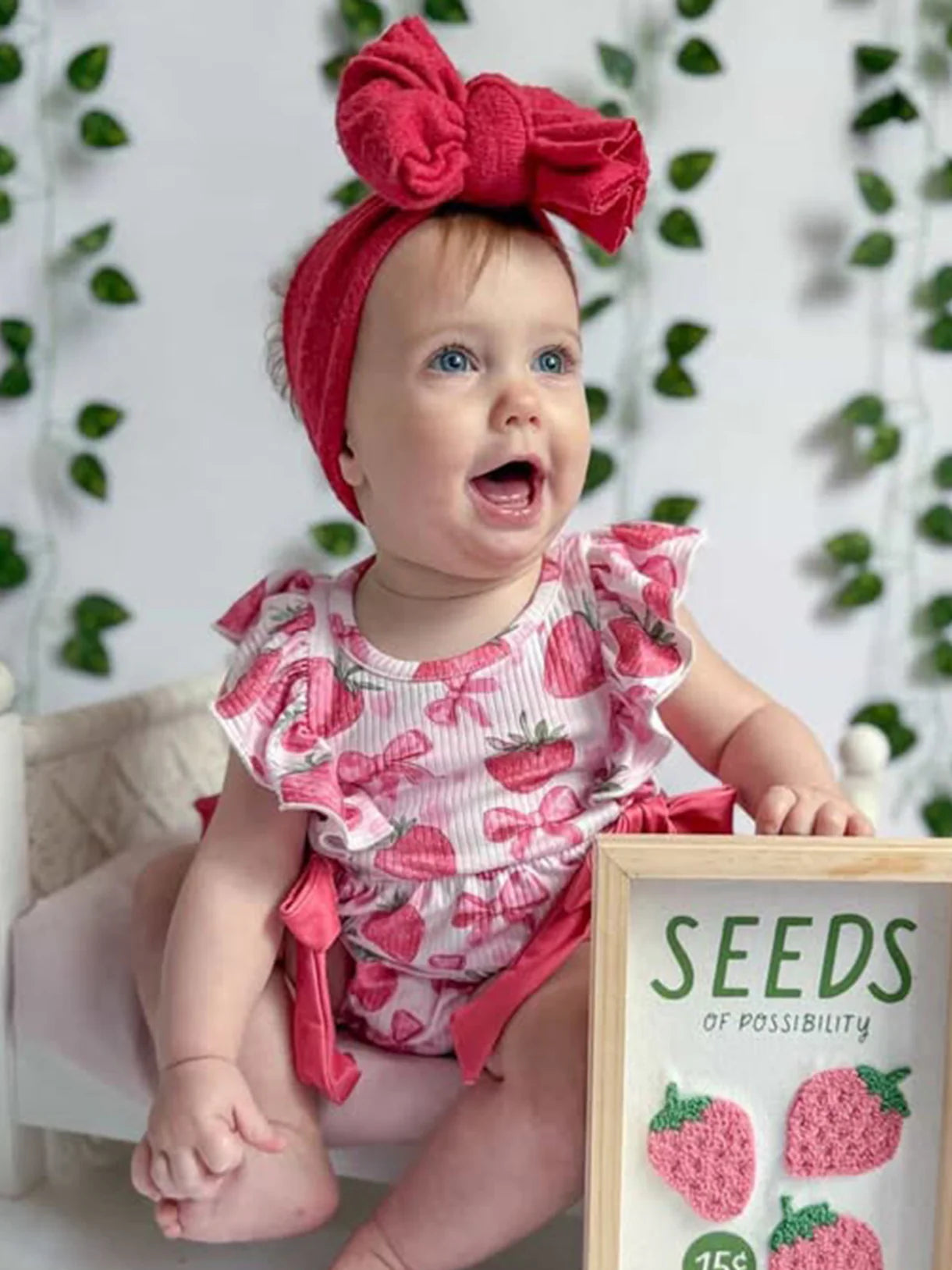 Strawberry Bow Baby Girl Romper
