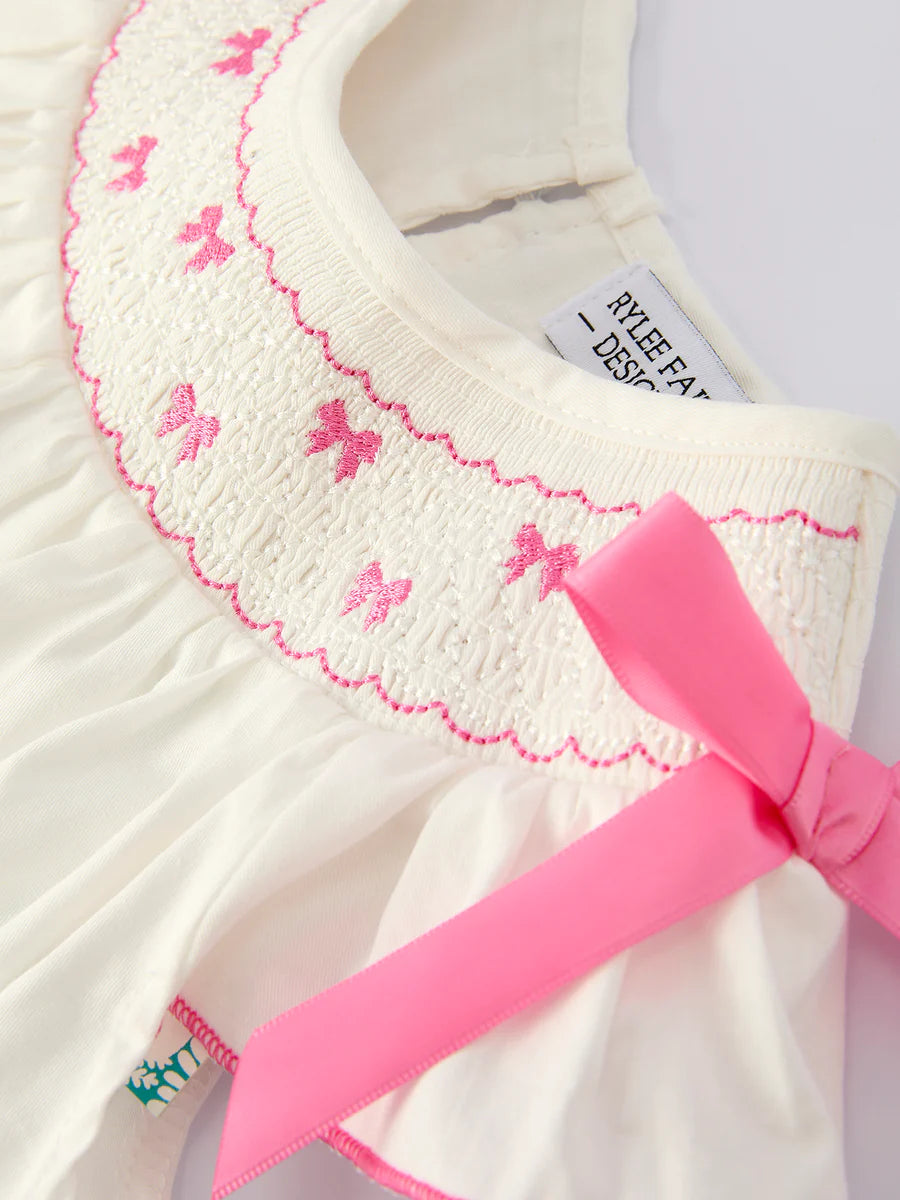 White Girls Dress with Pink Bow Embroidery