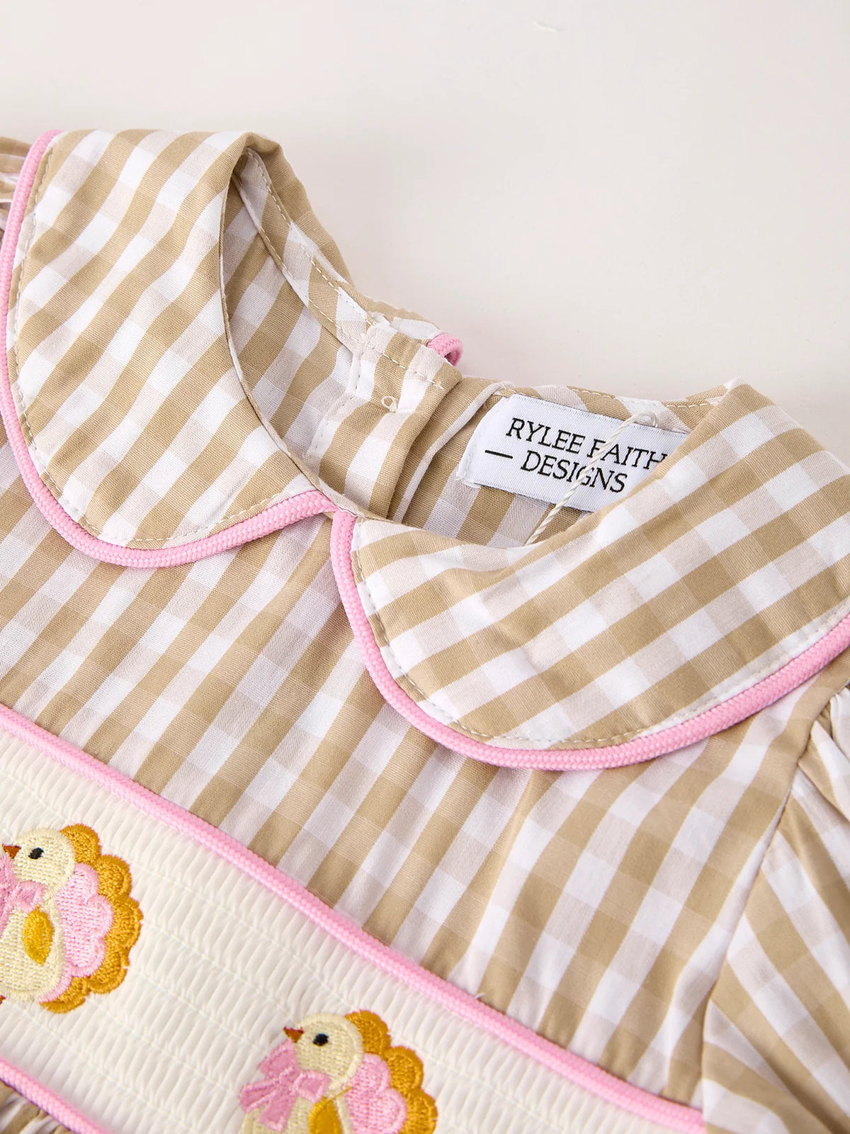 Thanksgiving Lapel Plaid Turkey Embroidery Smocking Bow Baby Girls Dress
