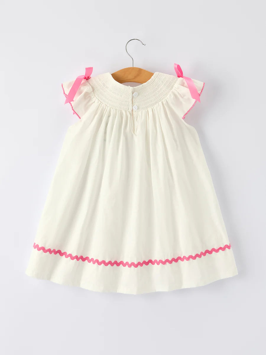 White Girls Dress with Pink Bow Embroidery