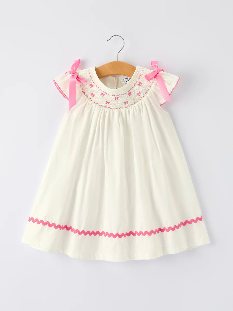 White Girls Dress with Pink Bow Embroidery