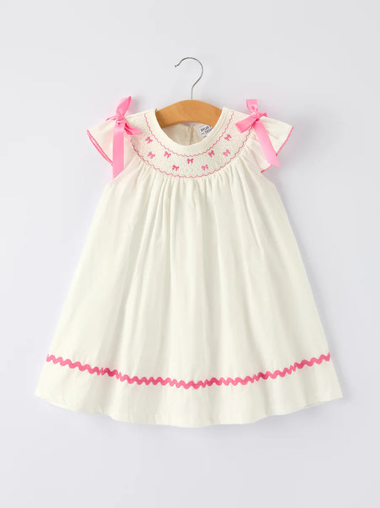 White Girls Dress with Pink Bow Embroidery