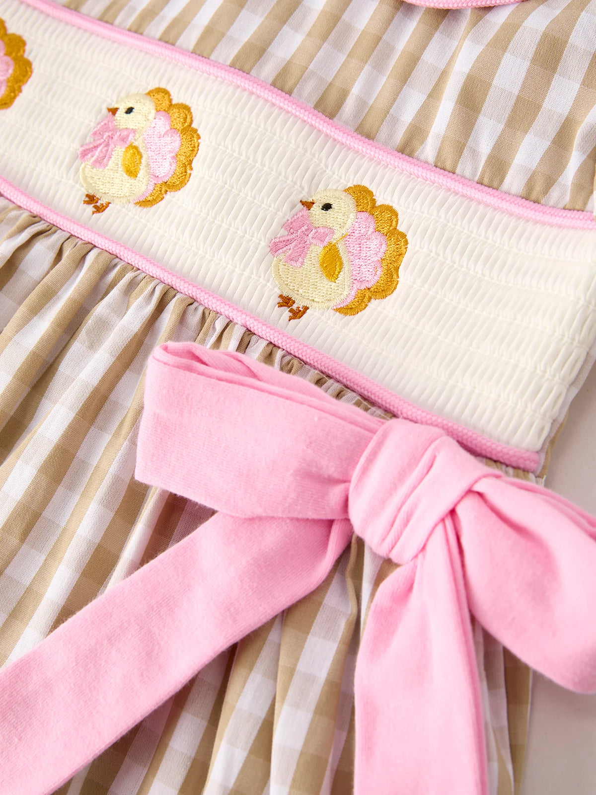 Thanksgiving Lapel Plaid Turkey Embroidery Smocking Bow Baby Girls Dress