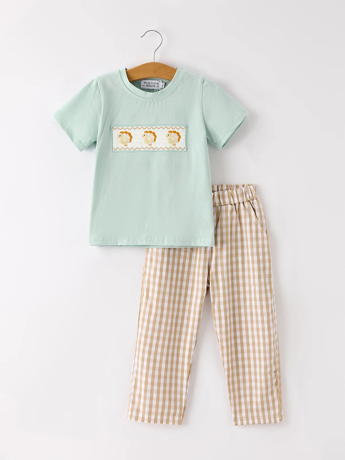 Thanksgiving Plaid Turkey Embroidery Smocking Boys Set