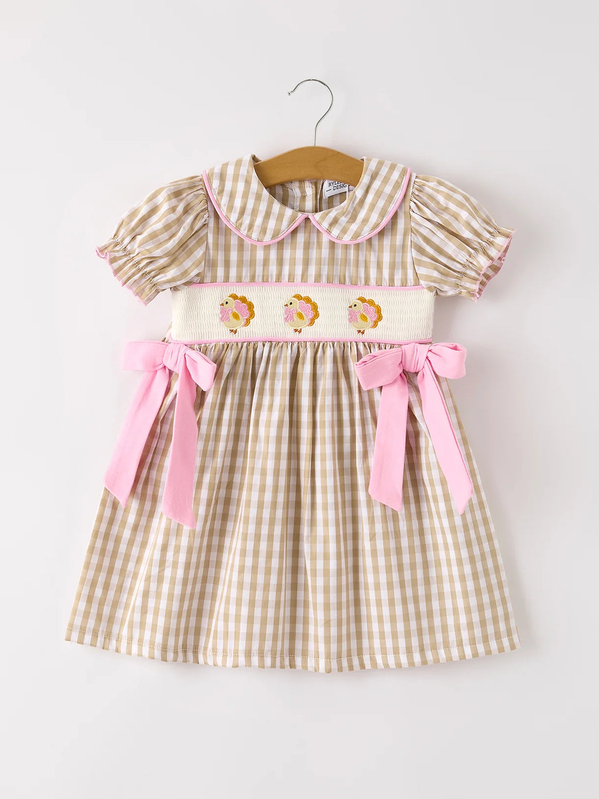 Thanksgiving Lapel Plaid Turkey Embroidery Smocking Bow Baby Girls Dress