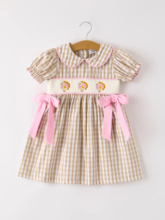 Thanksgiving Lapel Plaid Turkey Embroidery Smocking Bow Baby Girls Dress