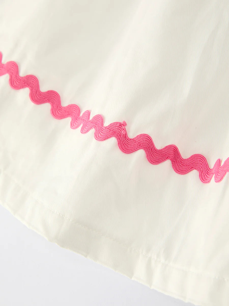 White Girls Dress with Pink Bow Embroidery