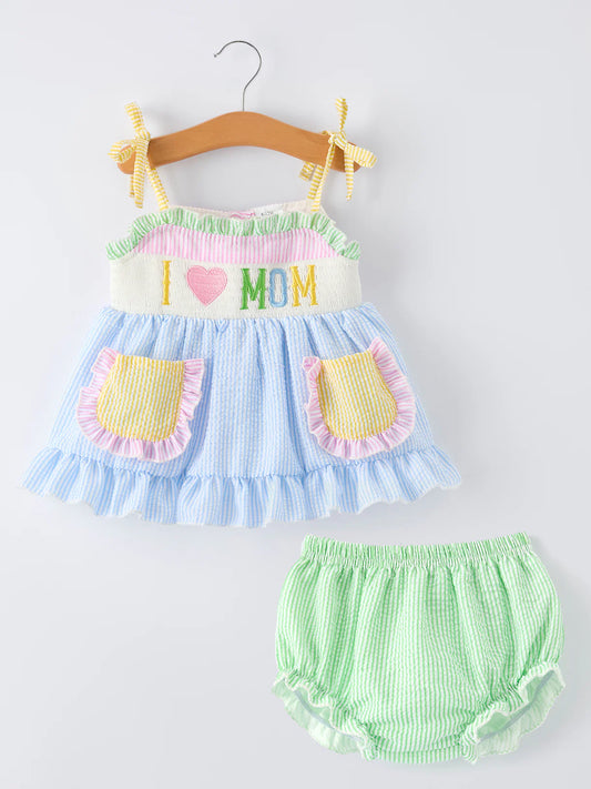 “I ❤ MOM” Smocked Baby Girls Bloomer Set