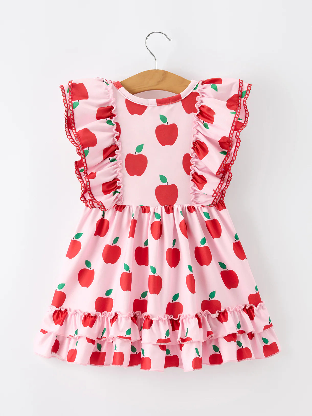 Girls Back To School Apple Twirl Dress Ruffle Flutter Sleeve
