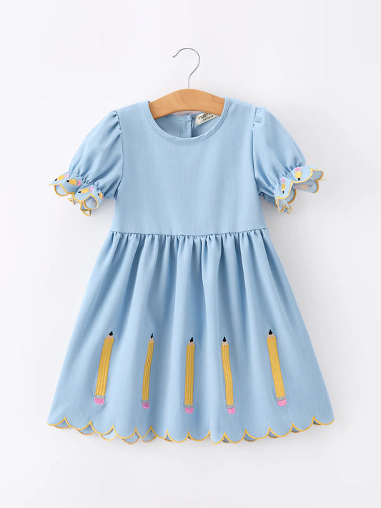 Back to School Pencil Applique Girl Dress Scallop Hem