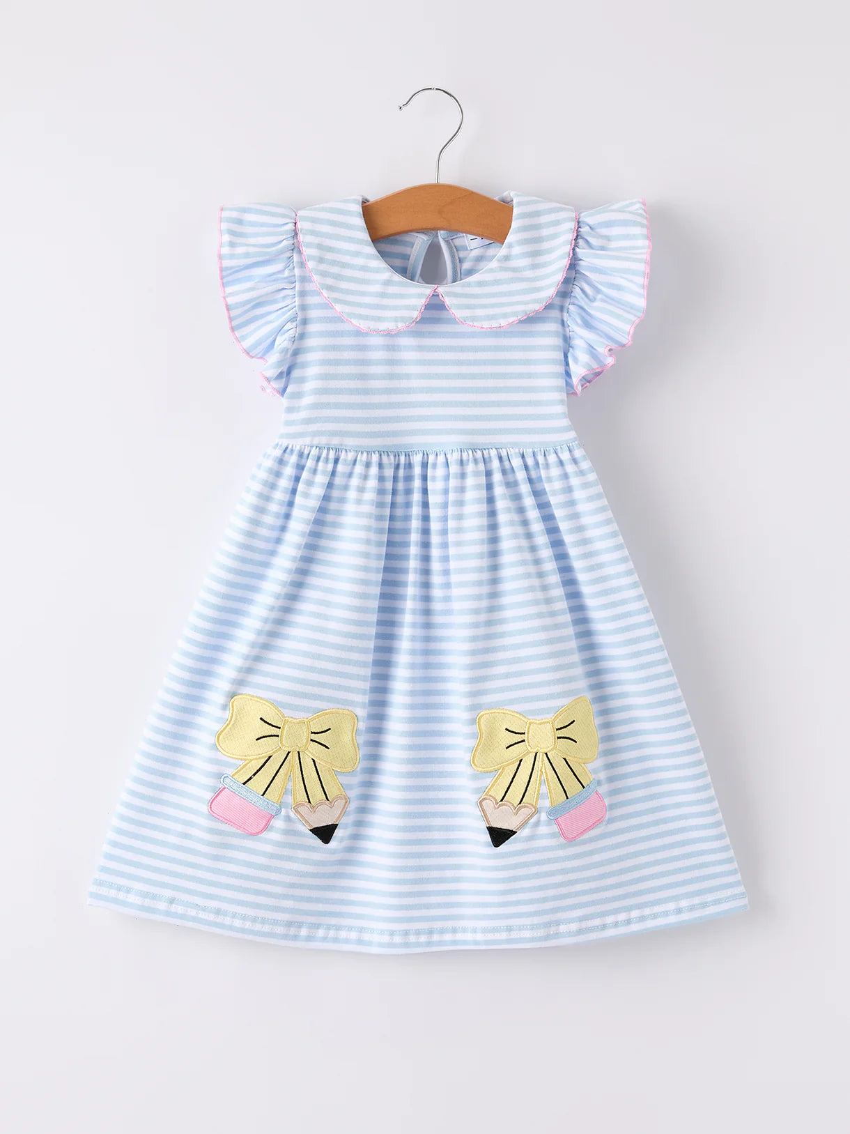 Back To School Girls Stripe Pencil Applique Bow Dress