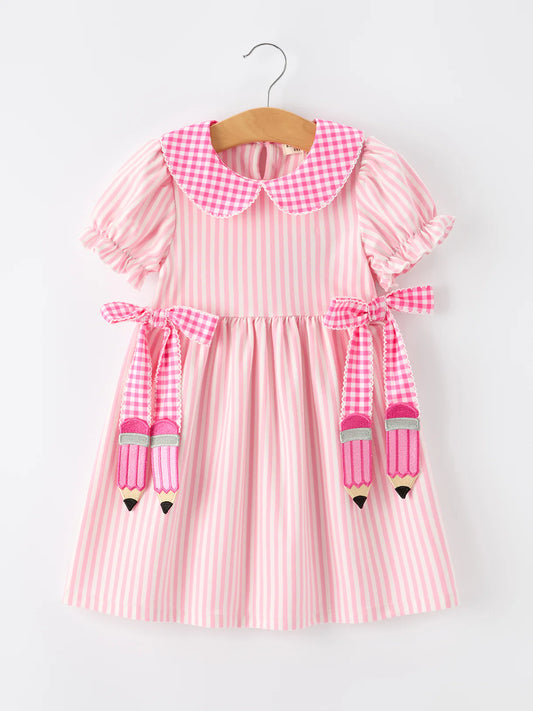 Girls Back To School Pink Plaid Petals Collar Pencil Applique Dress