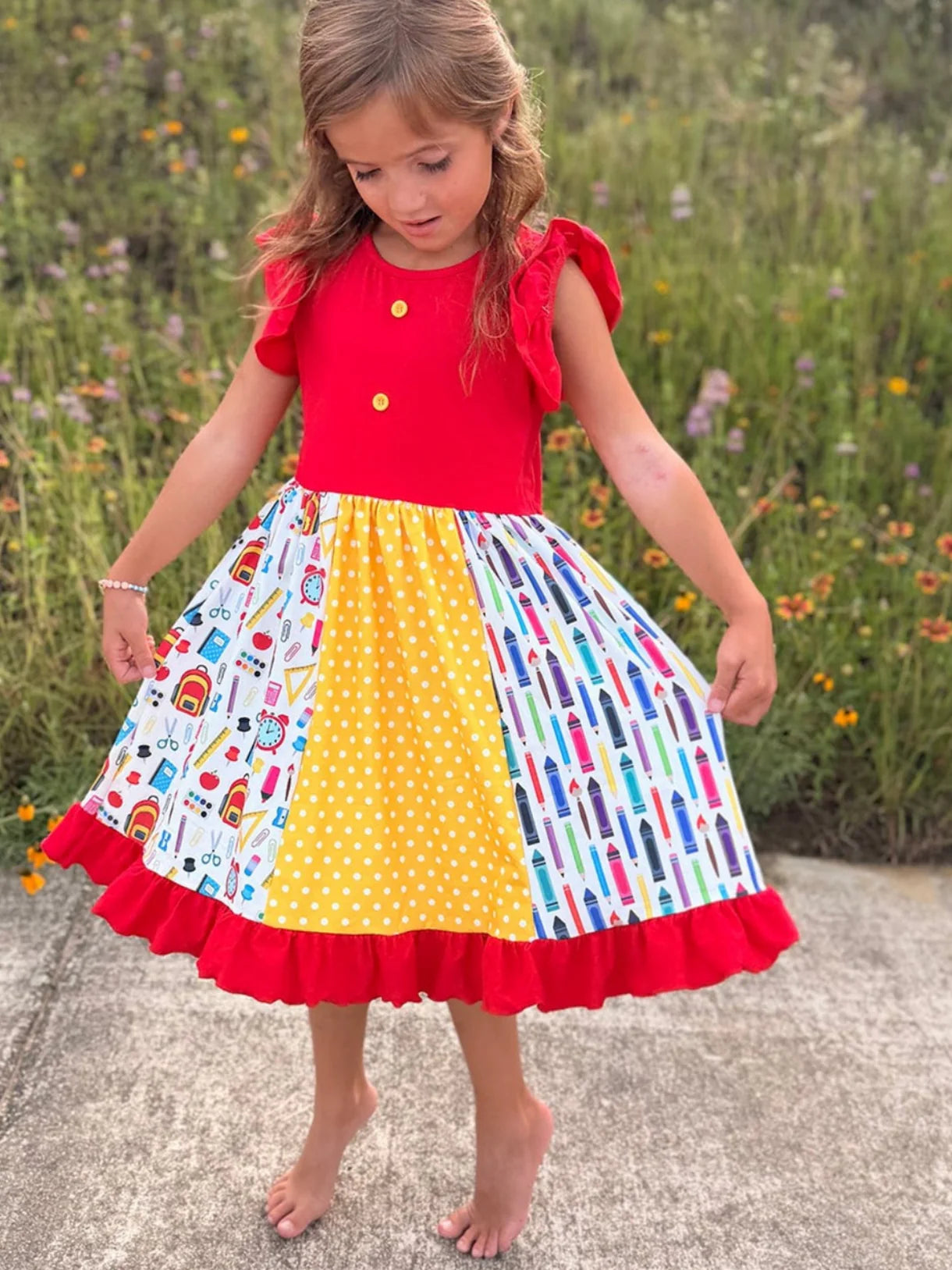 Girls Back To School Pencil Twirl Dress Ruffle Patchwork