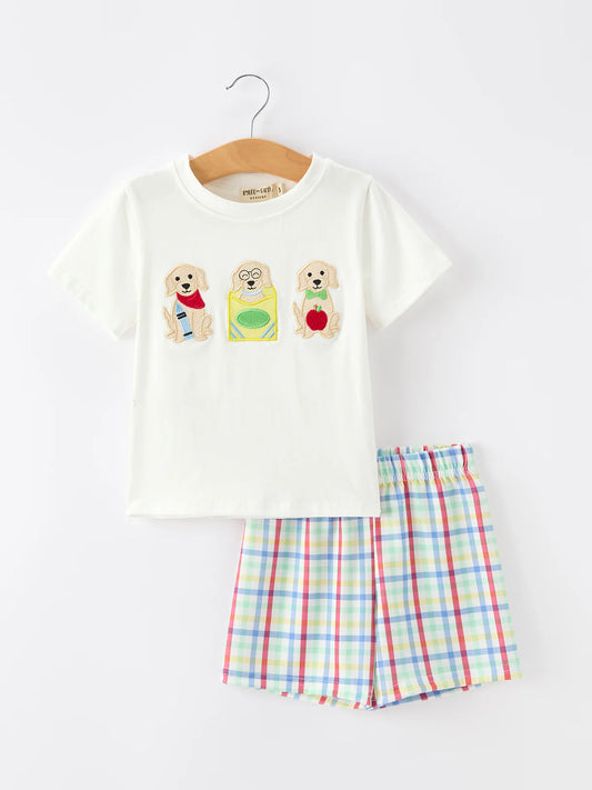 Boys Back To School Dog Plaid Short Set Applique