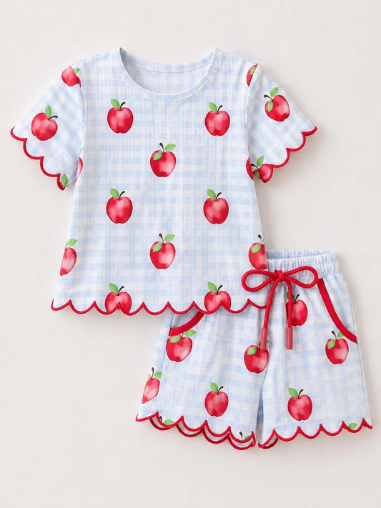 Back To School Apple Plaid Girls Scallop Trim Shorts Set - PREORDER