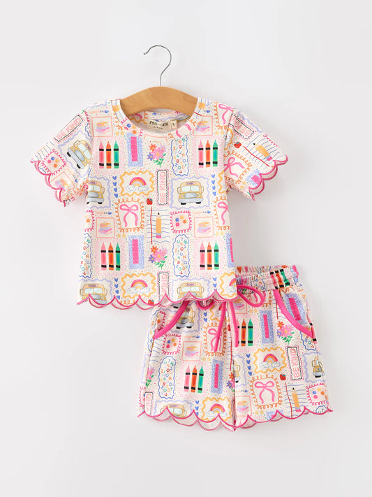 Back to School Print Girl Short Set Scallop Hem - PREORDER