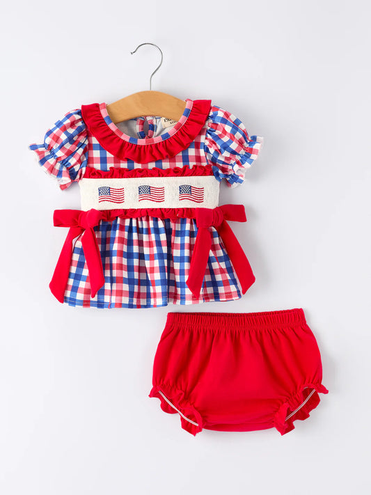 4th of July Plaid Flag Girl Bloomer Set