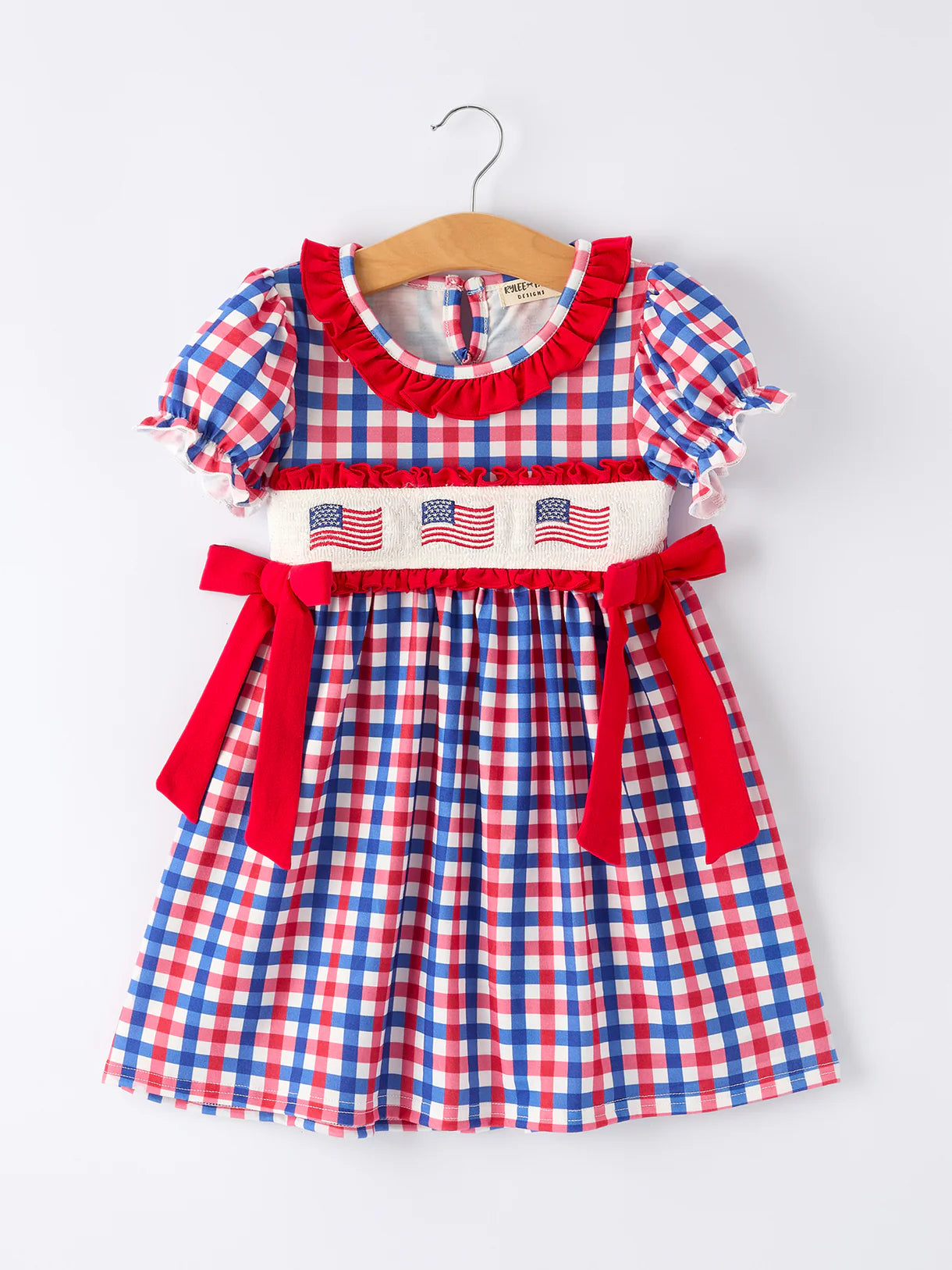 4th of July Plaid Flag Girl Dress With Bows