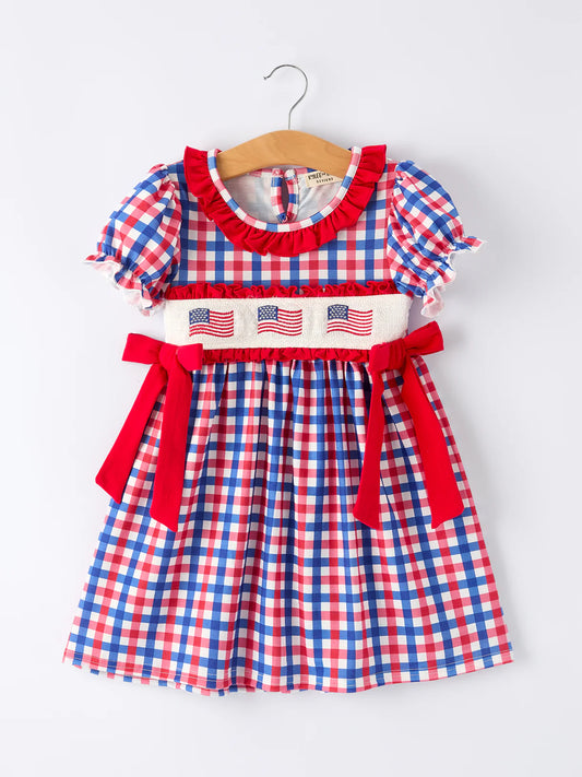 4th of July Plaid Flag Girl Dress With Bows