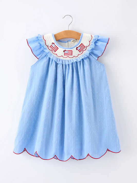 4th of July American Flag Girls Dress Ruffle Collar Scallop Hem