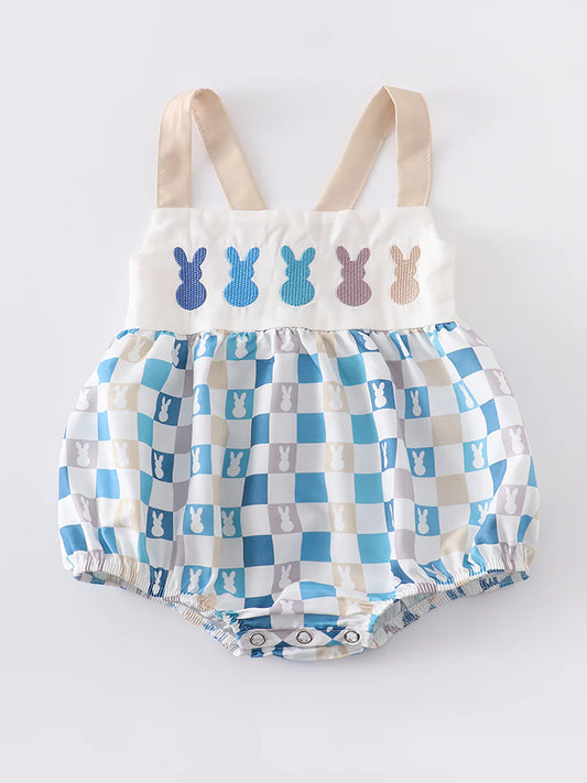 Beige Plaid Rabbit Applique Boy Romper