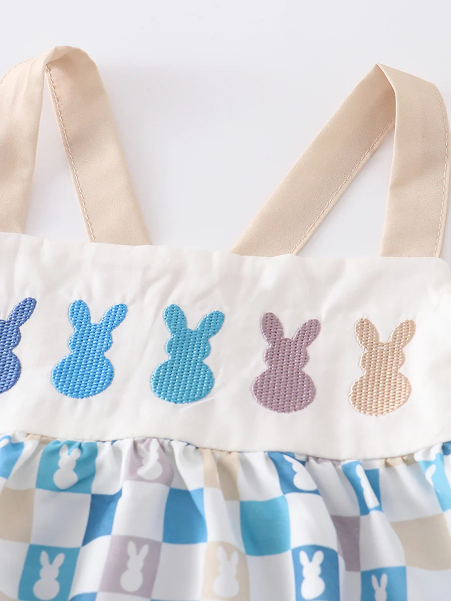Beige Plaid Rabbit Applique Boy Romper