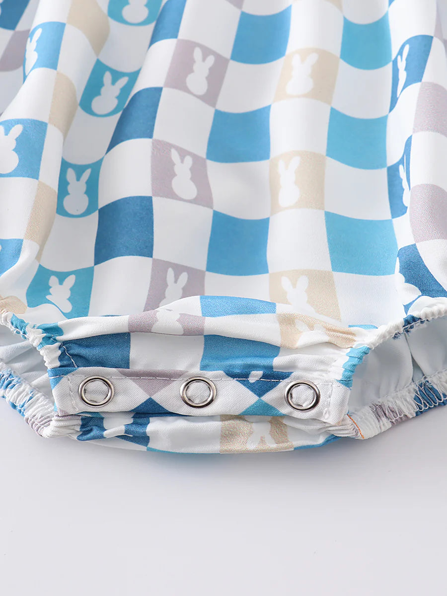 Beige Plaid Rabbit Applique Boy Romper
