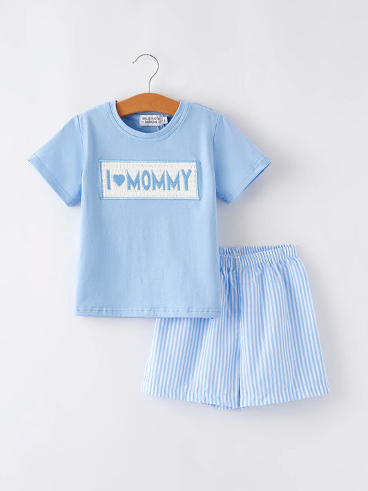 "I ❤ MOMMY" Embroidery  Smocking Baby Boys Striped Shorts Set