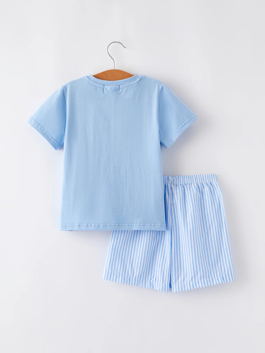 "I ❤ MOMMY" Embroidery  Smocking Baby Boys Striped Shorts Set