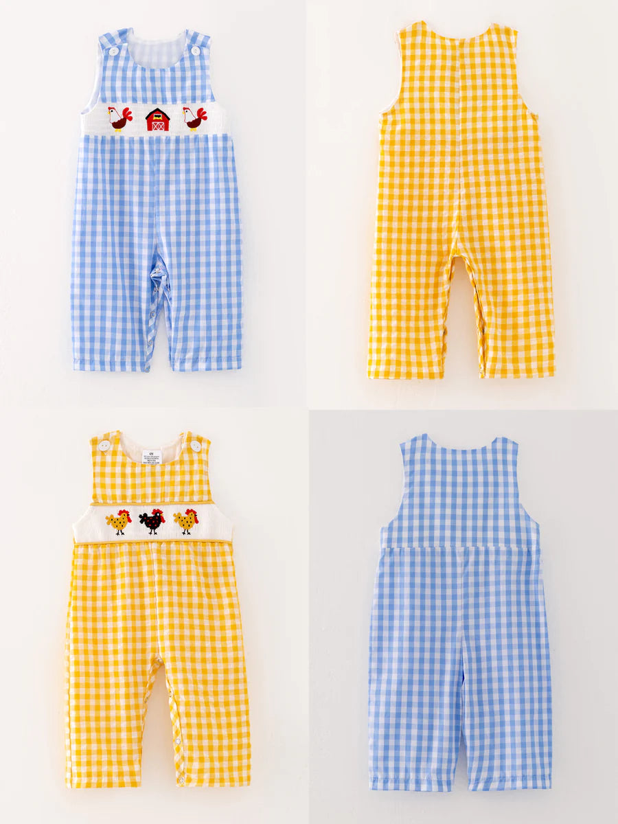 Boys Chicken Plaid Woven Smocking Embroidered Romper
