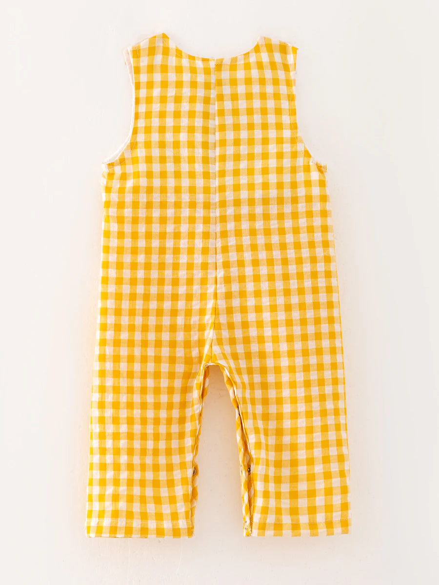 Boys Chicken Plaid Woven Smocking Embroidered Romper