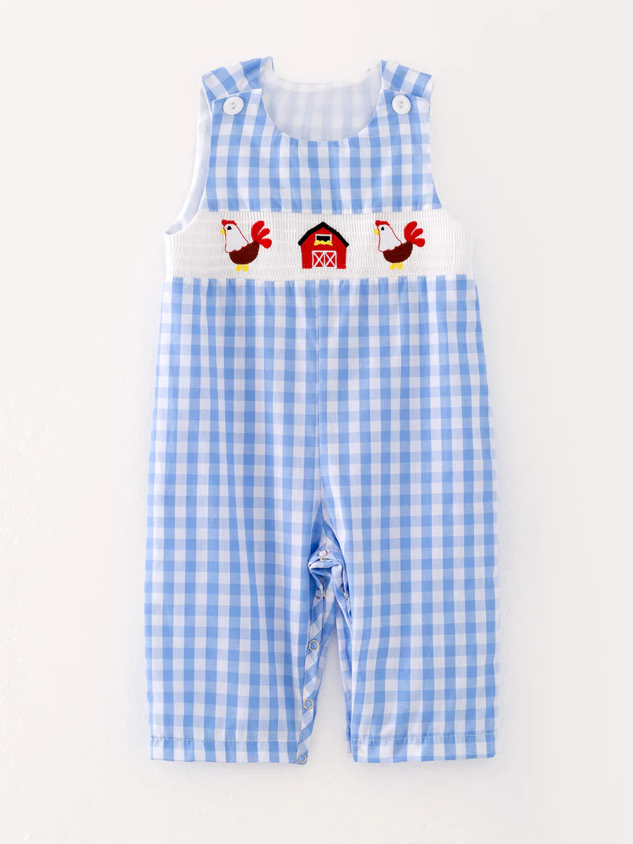 Boys Chicken Plaid Woven Smocking Embroidered Romper