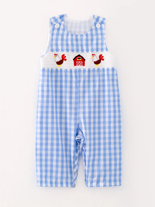 Boys Chicken Plaid Woven Smocking Embroidered Romper