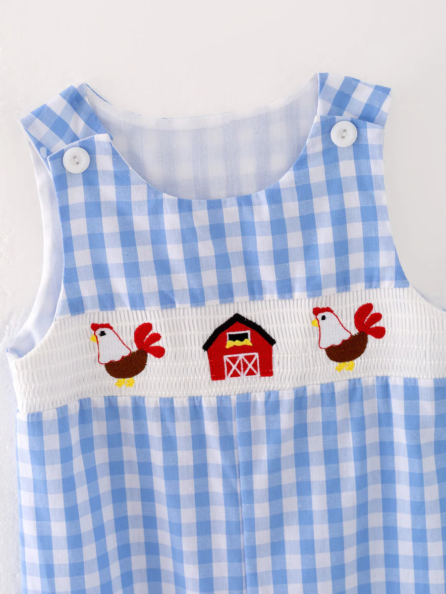 Boys Chicken Plaid Woven Smocking Embroidered Romper