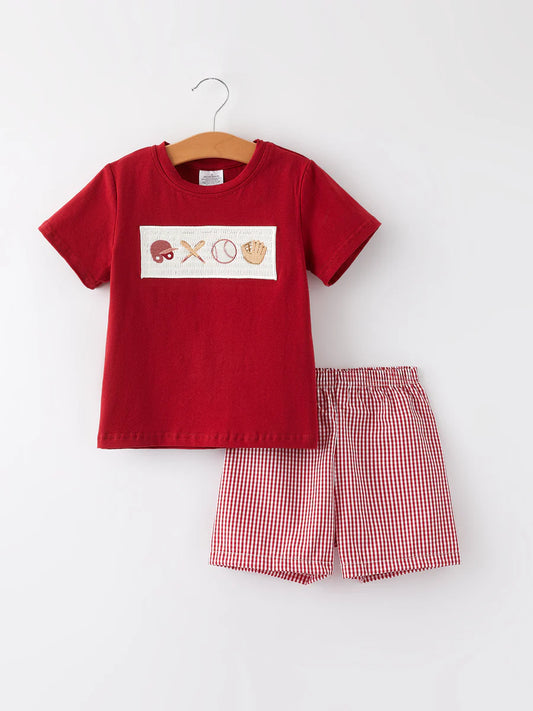 Baseball Boys Smocking Embroidered Plaid Set