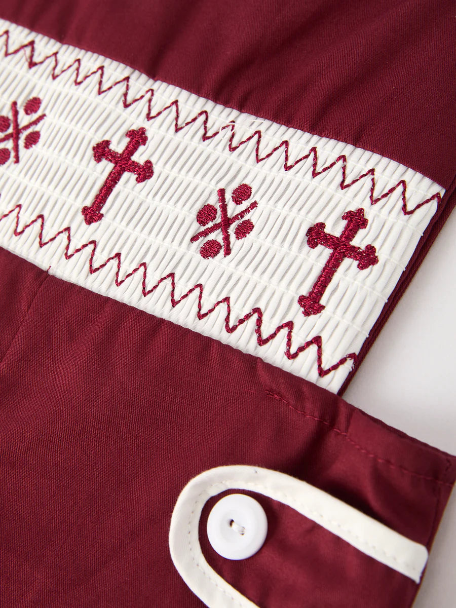 Dark Red Smocked Church Christ Bishop Christening Boys' Romper