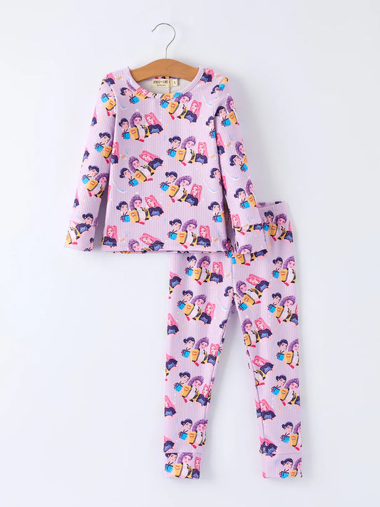Girls Purple GOLDEN Print Long Sleeve Lounge Set