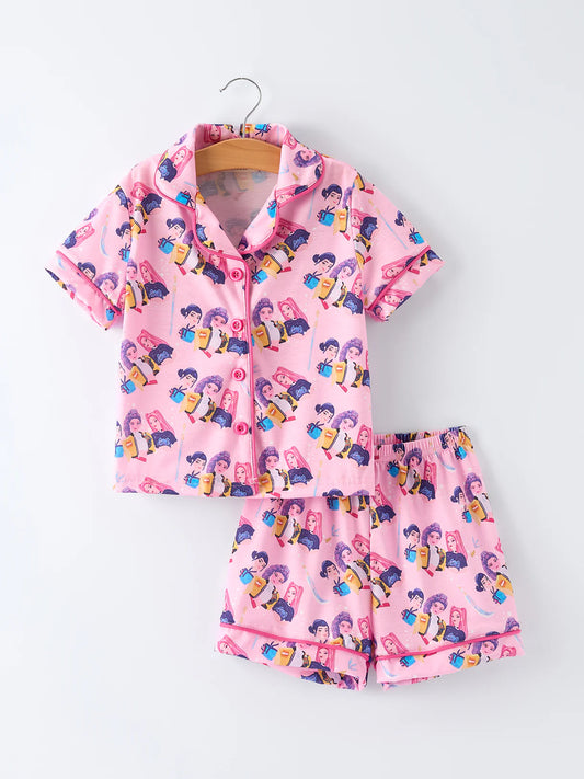 Pink GOLDEN Print Short Sleeve Girl Pajama Set