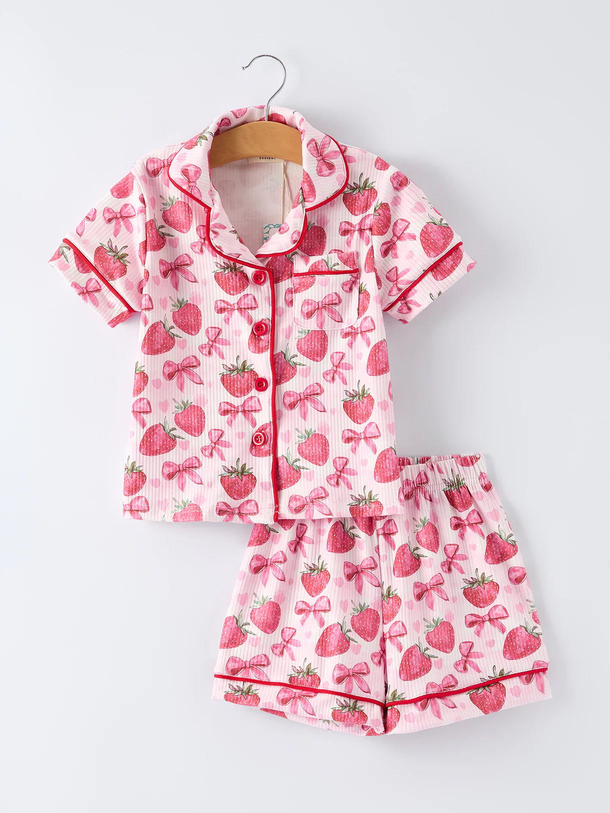 Strawberry Bow Short Sleeve Shorts Pajama Set