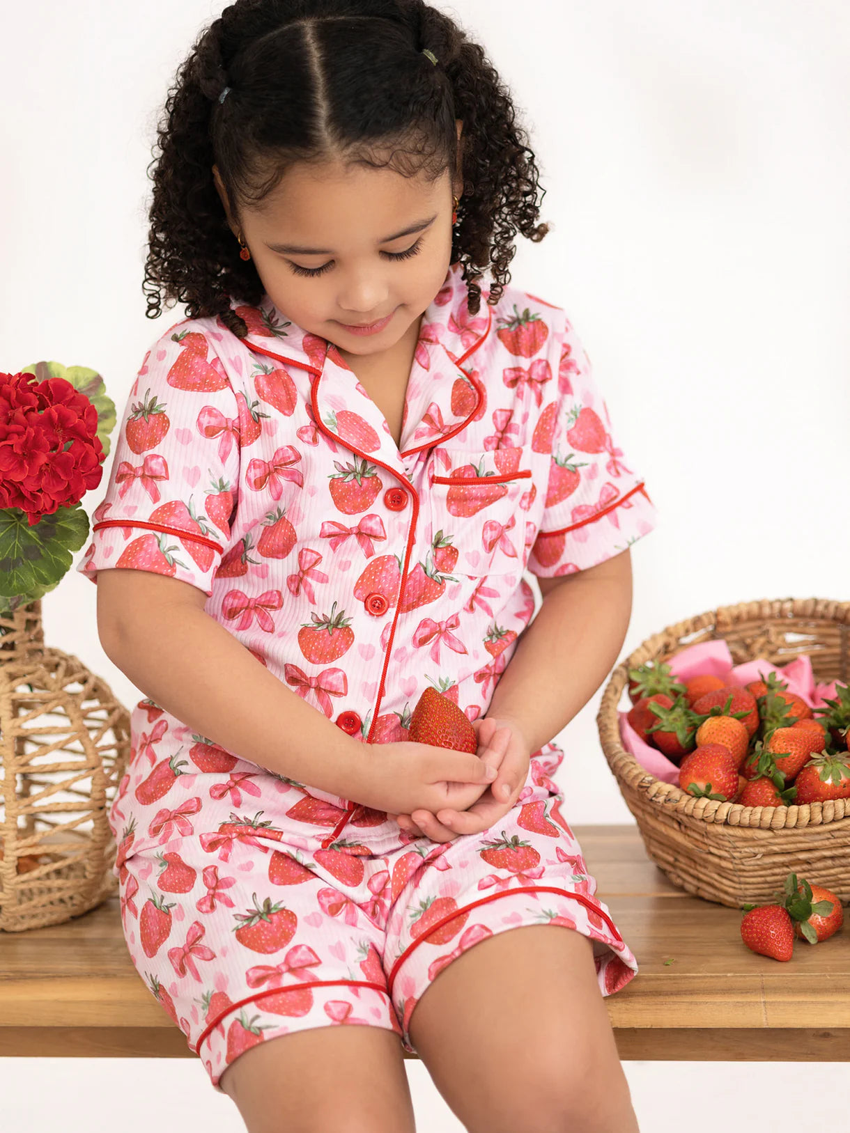 Strawberry Bow Short Sleeve Shorts Pajama Set