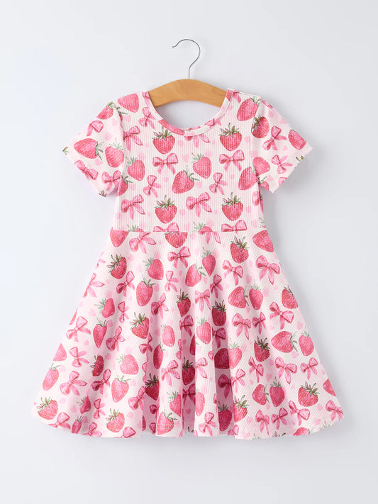 Strawberry Bow Girls Short Sleeve Dress