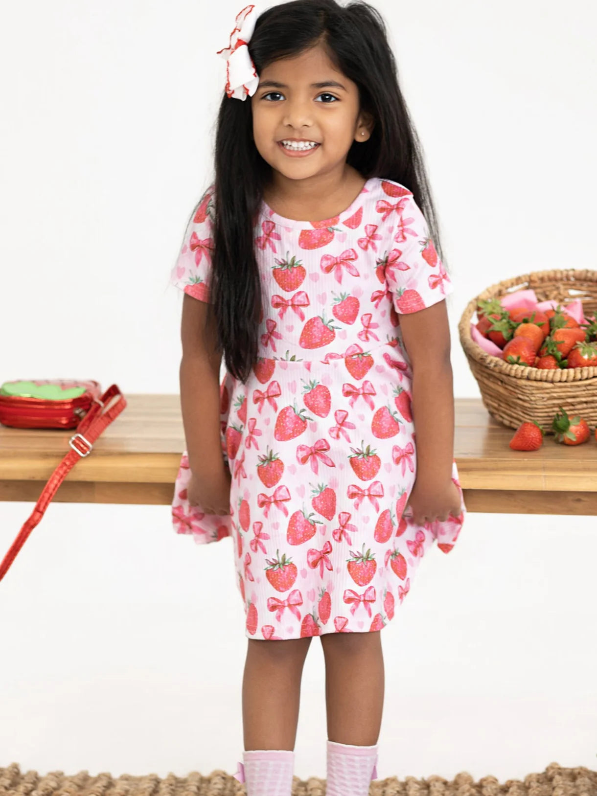 Strawberry Bow Girls Short Sleeve Dress