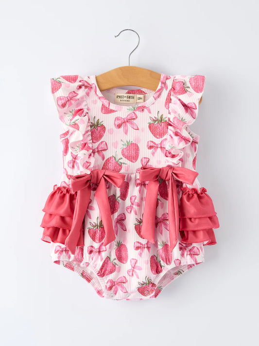 Strawberry Bow Baby Girl Romper