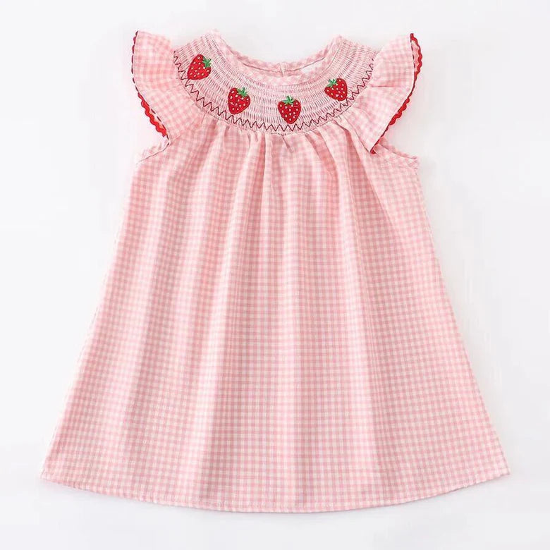Strawberry Embroidered Plaid Smocked Dress