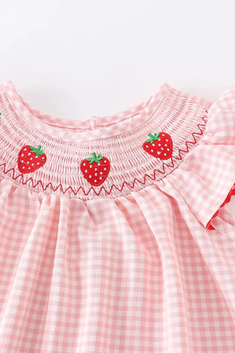 Strawberry Embroidered Plaid Smocked Dress
