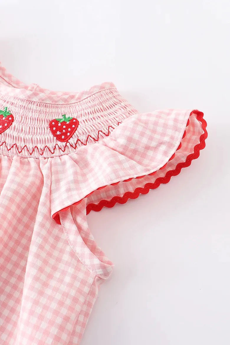 Strawberry Embroidered Plaid Smocked Dress